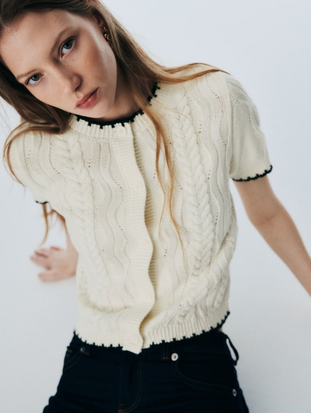 H&M Cream Cable-Knit Short Sleeve Cardigan with Black Trim
